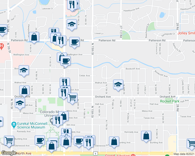 map of restaurants, bars, coffee shops, grocery stores, and more near 1525 Cedar Court in Grand Junction
