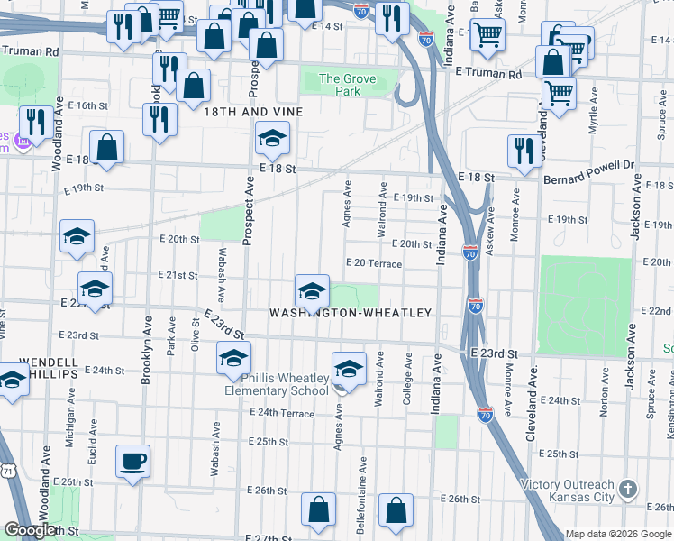 map of restaurants, bars, coffee shops, grocery stores, and more near 2908 East 21st Street in Kansas City