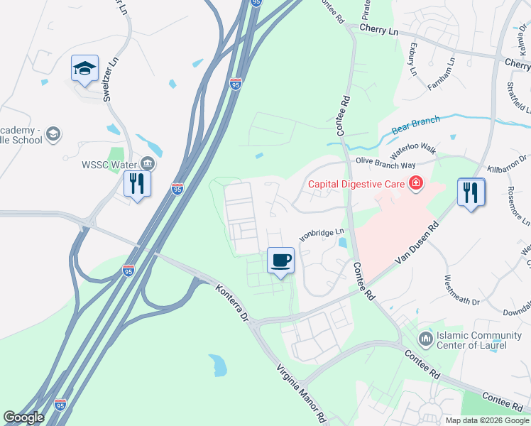 map of restaurants, bars, coffee shops, grocery stores, and more near 14318 Bonnett Ln in Laurel