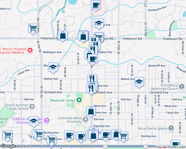 map of restaurants, bars, coffee shops, grocery stores, and more near 1204 Walnut Avenue in Grand Junction