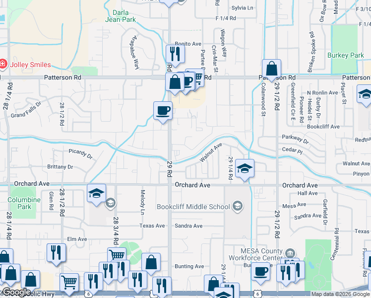 map of restaurants, bars, coffee shops, grocery stores, and more near 2907 Dawn Drive in Grand Junction