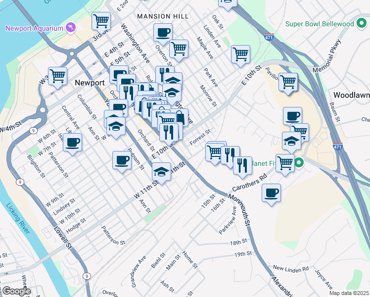 map of restaurants, bars, coffee shops, grocery stores, and more near 1024 Saratoga St in Newport