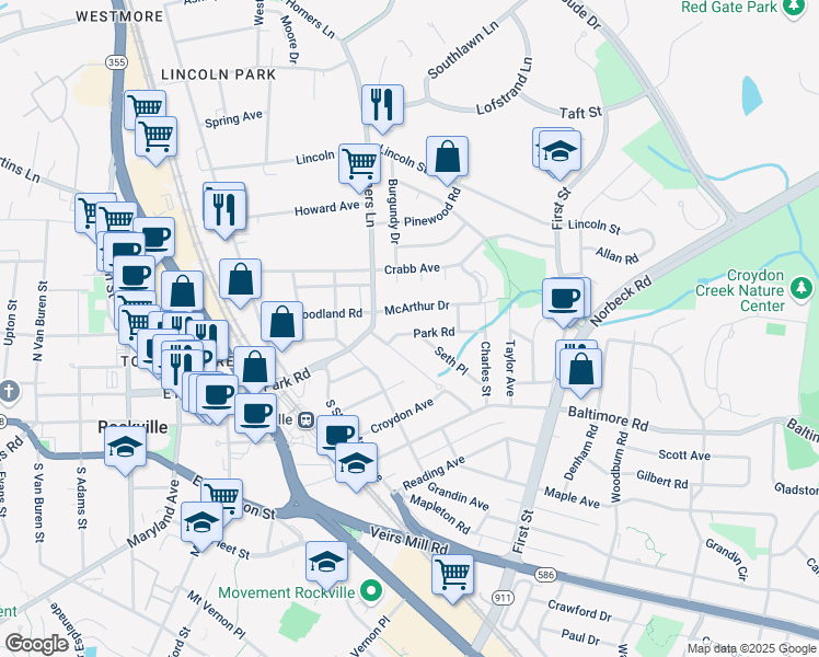 map of restaurants, bars, coffee shops, grocery stores, and more near 408 Park Road in Rockville