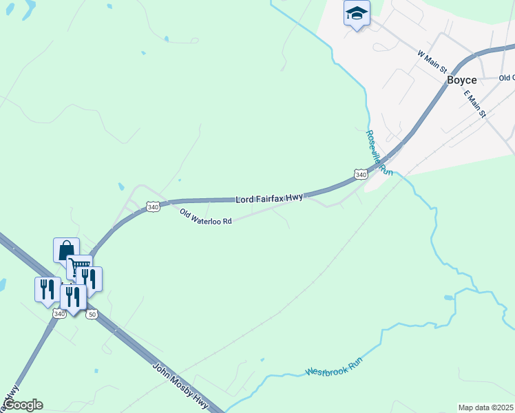map of restaurants, bars, coffee shops, grocery stores, and more near 11859 Lord Fairfax Highway in Boyce