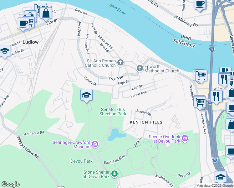 map of restaurants, bars, coffee shops, grocery stores, and more near 715 West Spring Street in Covington