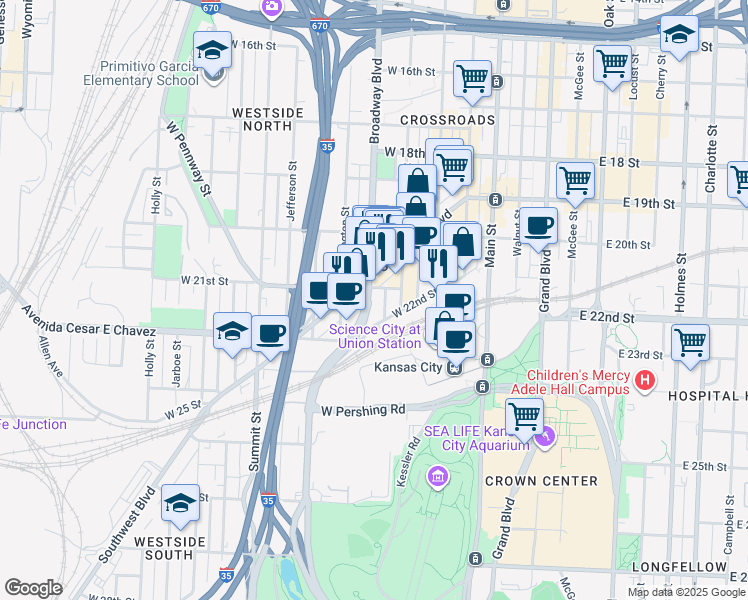 map of restaurants, bars, coffee shops, grocery stores, and more near 2109 Northwestern Avenue in Kansas City