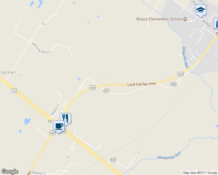 map of restaurants, bars, coffee shops, grocery stores, and more near 12043 Lord Fairfax Highway in Boyce