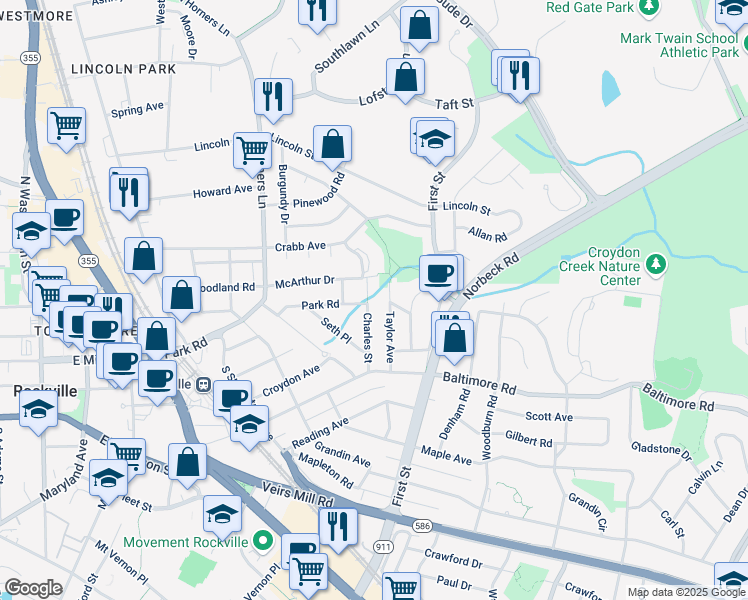 map of restaurants, bars, coffee shops, grocery stores, and more near 203 Charles Street in Rockville