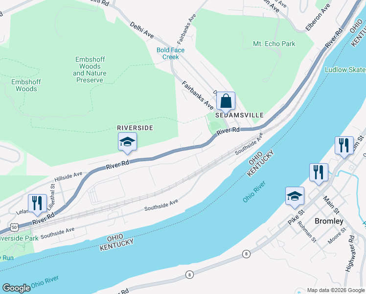 map of restaurants, bars, coffee shops, grocery stores, and more near 3140 Ohio River Scenic Byway in Cincinnati