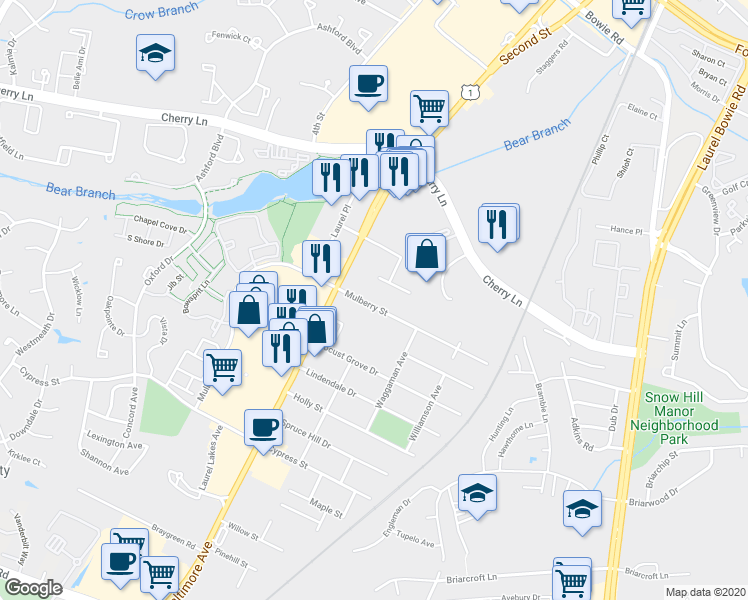 map of restaurants, bars, coffee shops, grocery stores, and more near 8514 Mulberry Street in Laurel