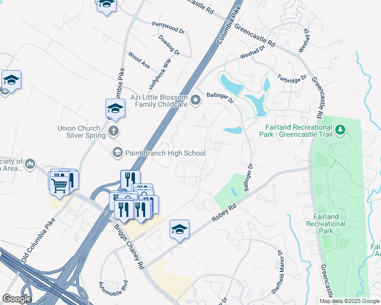 map of restaurants, bars, coffee shops, grocery stores, and more near 14112 Castle Boulevard in Silver Spring