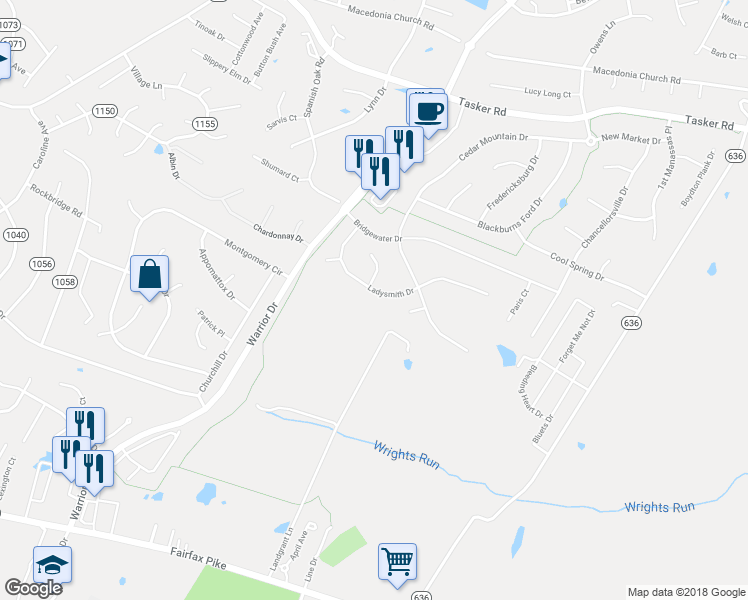 map of restaurants, bars, coffee shops, grocery stores, and more near 128 Ladysmith Drive in Stephens City