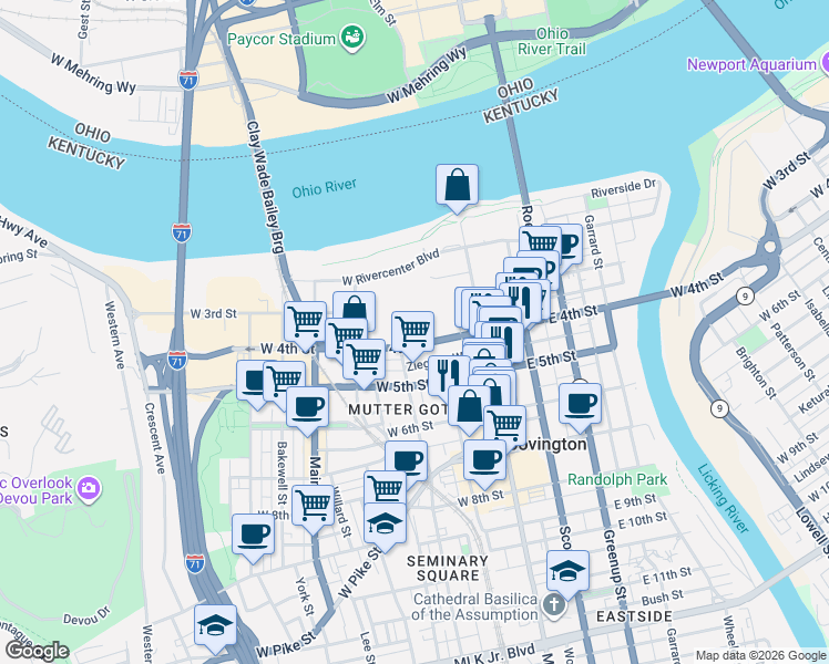 map of restaurants, bars, coffee shops, grocery stores, and more near 4 East 2nd Street in Covington