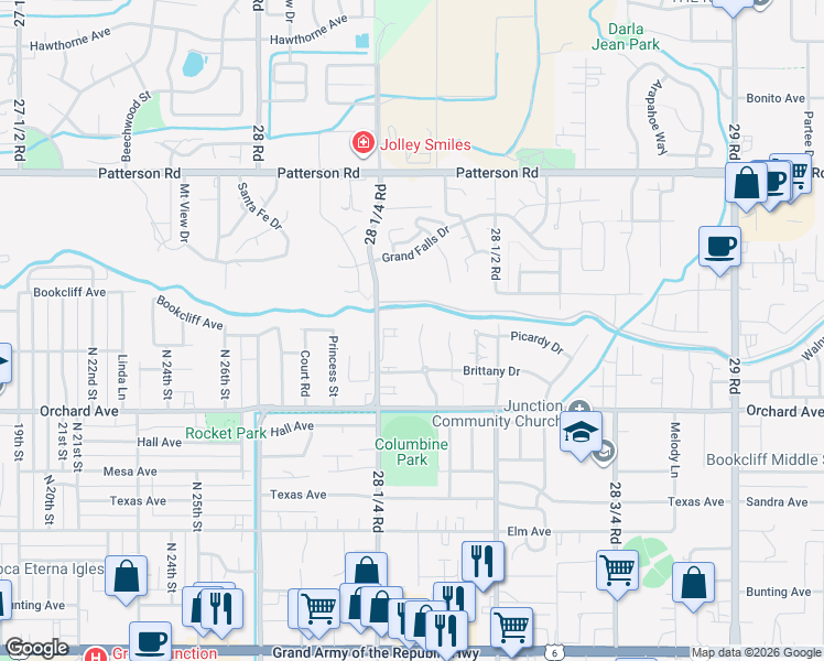 map of restaurants, bars, coffee shops, grocery stores, and more near 571 Garden Grove Court in Grand Junction