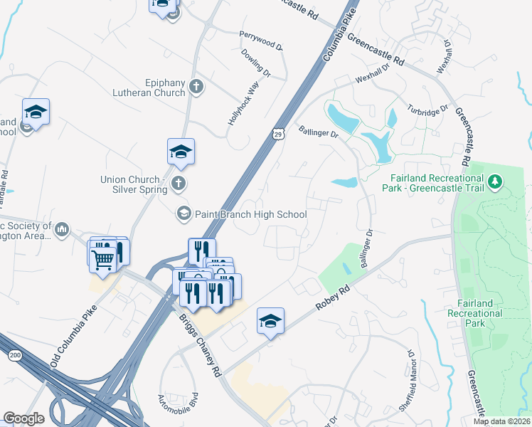 map of restaurants, bars, coffee shops, grocery stores, and more near 14111 Armilla Court in Burtonsville