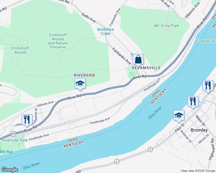 map of restaurants, bars, coffee shops, grocery stores, and more near 3140 Ohio River Scenic Byway in Cincinnati