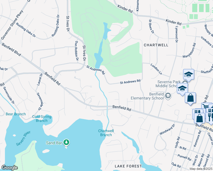map of restaurants, bars, coffee shops, grocery stores, and more near 47 Saint Andrews Road in Severna Park
