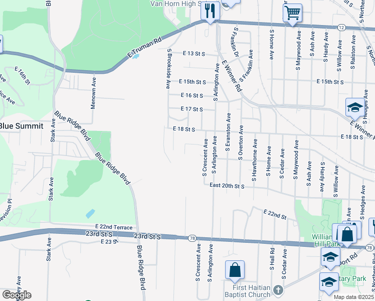 map of restaurants, bars, coffee shops, grocery stores, and more near 1839 South Glenwood Avenue in Independence
