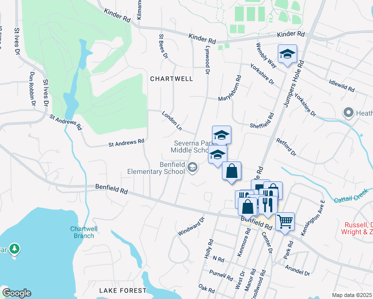map of restaurants, bars, coffee shops, grocery stores, and more near 497 Dennington Lane in Severna Park