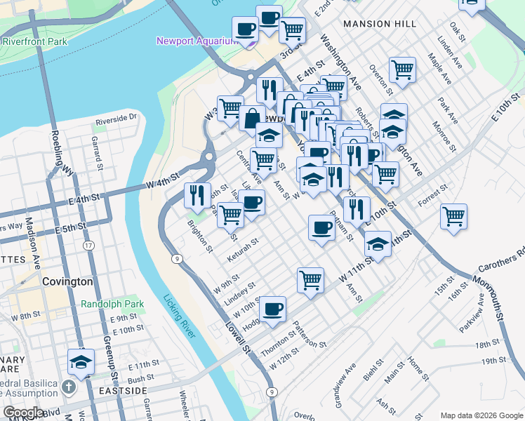 map of restaurants, bars, coffee shops, grocery stores, and more near 740 Liberty Street in Newport