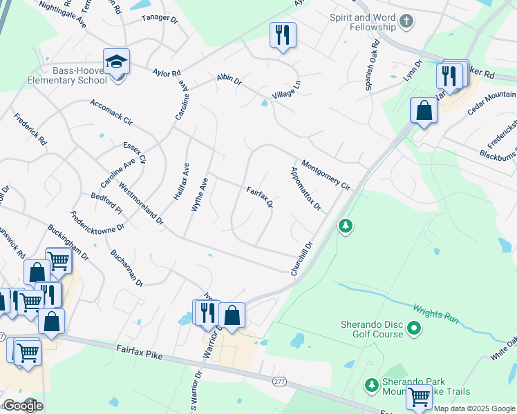 map of restaurants, bars, coffee shops, grocery stores, and more near 114 Dinwiddie Court in Stephens City