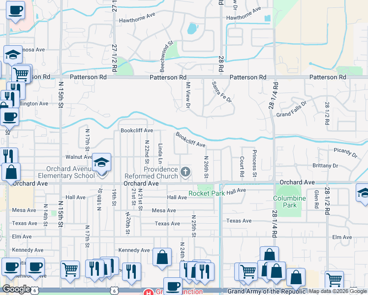 map of restaurants, bars, coffee shops, grocery stores, and more near 2127 North 25th Street in Grand Junction