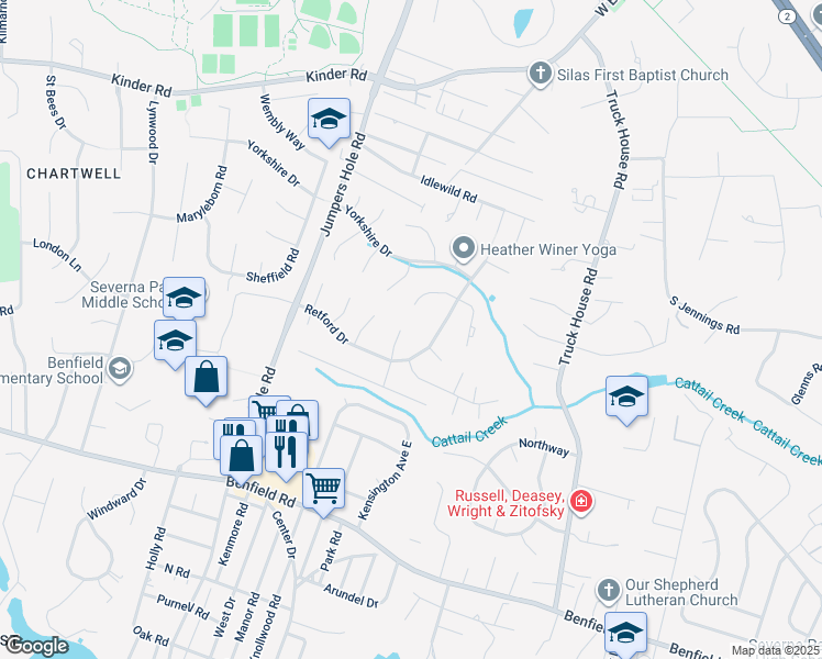 map of restaurants, bars, coffee shops, grocery stores, and more near 503 Kegworth Court in Severna Park