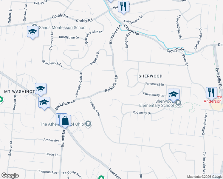 map of restaurants, bars, coffee shops, grocery stores, and more near 1897 Berkshire Lane in Cincinnati