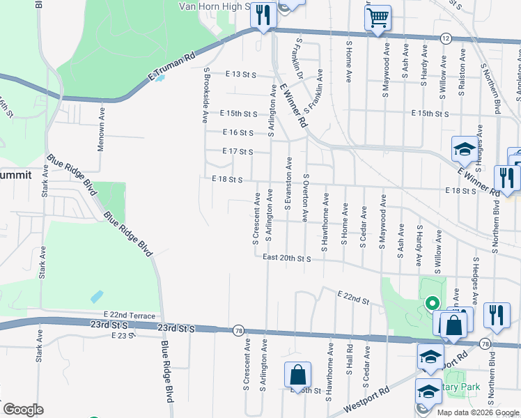 map of restaurants, bars, coffee shops, grocery stores, and more near 1825 South Crescent Avenue in Independence