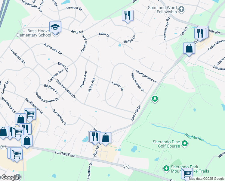 map of restaurants, bars, coffee shops, grocery stores, and more near 111 Dinwiddie Court in Stephens City