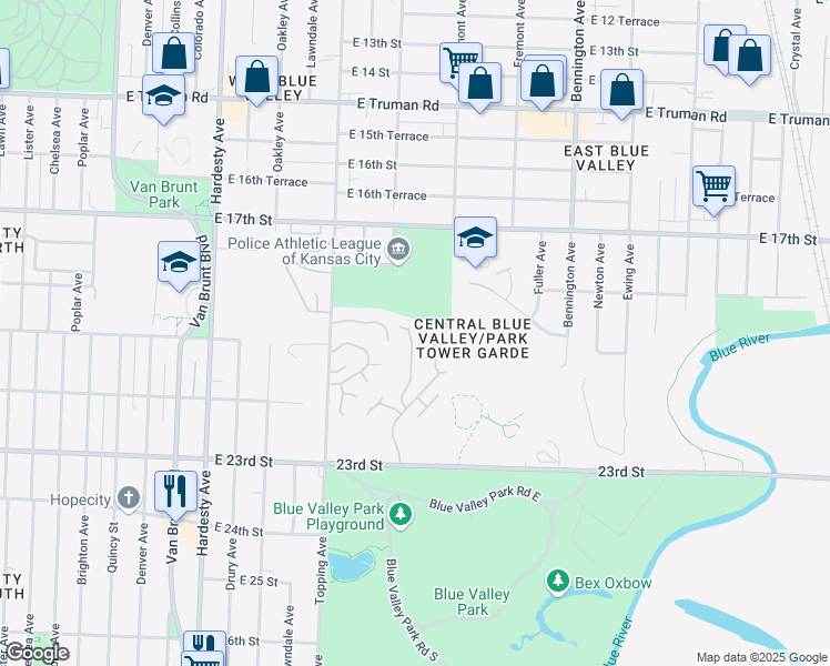 map of restaurants, bars, coffee shops, grocery stores, and more near 1953 Park Tower Road in Kansas City