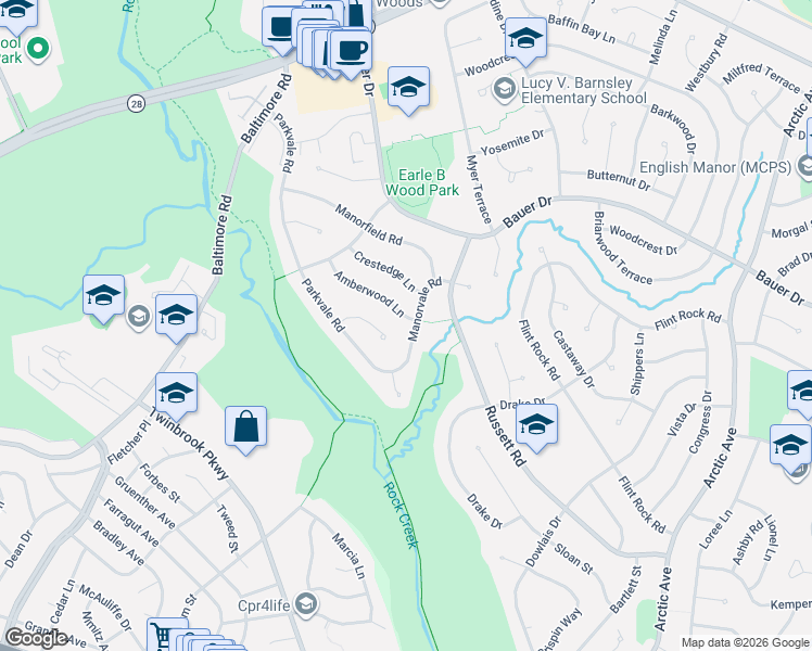 map of restaurants, bars, coffee shops, grocery stores, and more near 5400 Amberwood Lane in Rockville