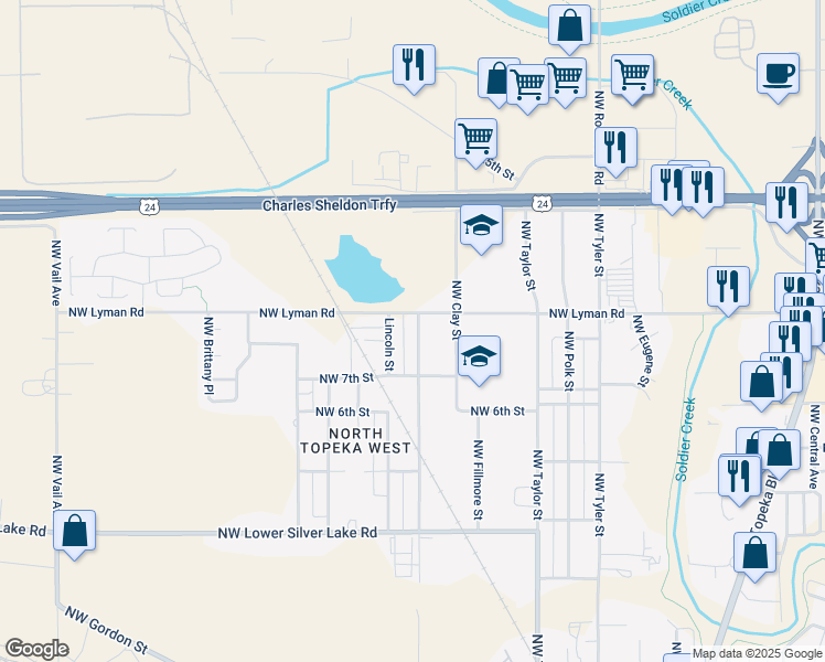 map of restaurants, bars, coffee shops, grocery stores, and more near 2121 Northwest Buchanan Street in Topeka