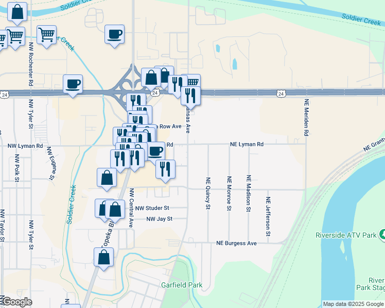 map of restaurants, bars, coffee shops, grocery stores, and more near 2032 North Kansas Avenue in Topeka