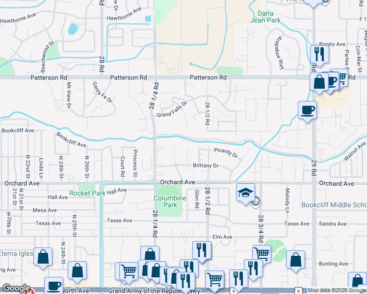 map of restaurants, bars, coffee shops, grocery stores, and more near 569 Garden Cress Court in Grand Junction