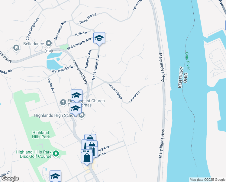 map of restaurants, bars, coffee shops, grocery stores, and more near 137 Burnet Ridge in Fort Thomas