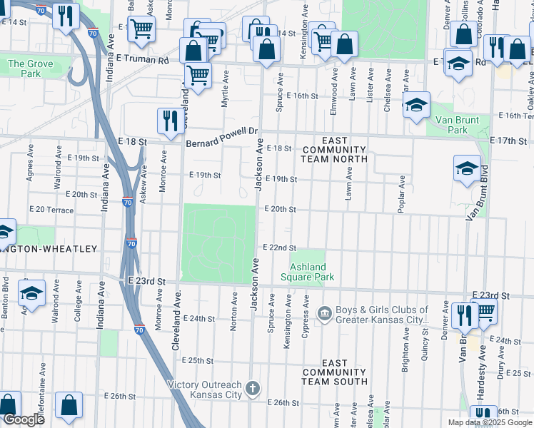 map of restaurants, bars, coffee shops, grocery stores, and more near 4219 East 20th Street in Kansas City