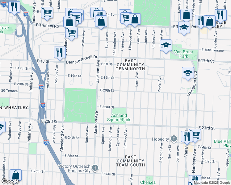 map of restaurants, bars, coffee shops, grocery stores, and more near 4401 East 20th Street in Kansas City