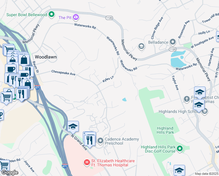 map of restaurants, bars, coffee shops, grocery stores, and more near 30 Boardwalk Street in Fort Thomas