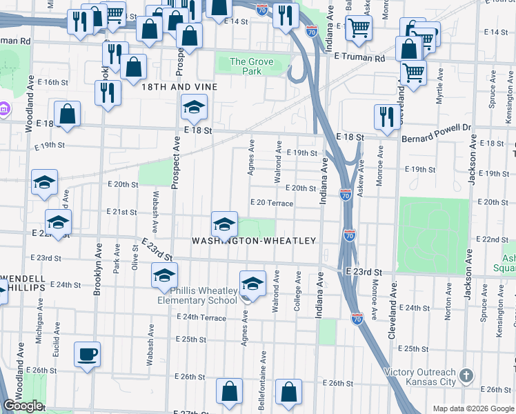 map of restaurants, bars, coffee shops, grocery stores, and more near 3017 East 20 Terrace in Kansas City