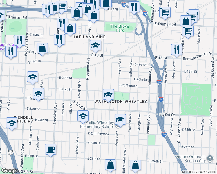 map of restaurants, bars, coffee shops, grocery stores, and more near 2023 Benton Boulevard in Kansas City