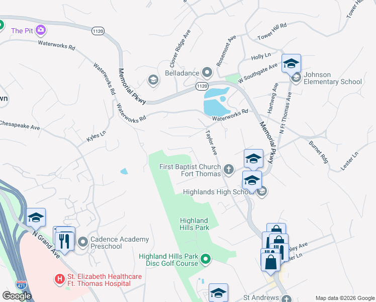 map of restaurants, bars, coffee shops, grocery stores, and more near 121 Ridgeway Ave in Fort Thomas