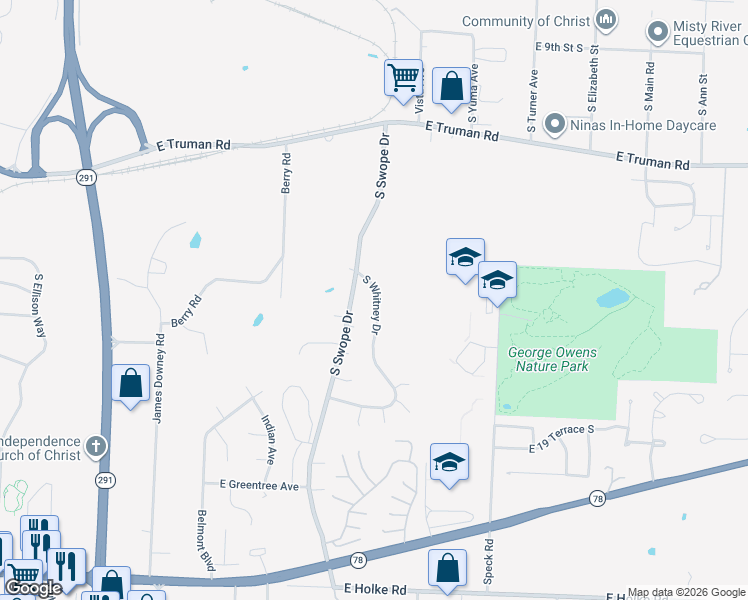map of restaurants, bars, coffee shops, grocery stores, and more near 1623 South Swope Drive in Independence