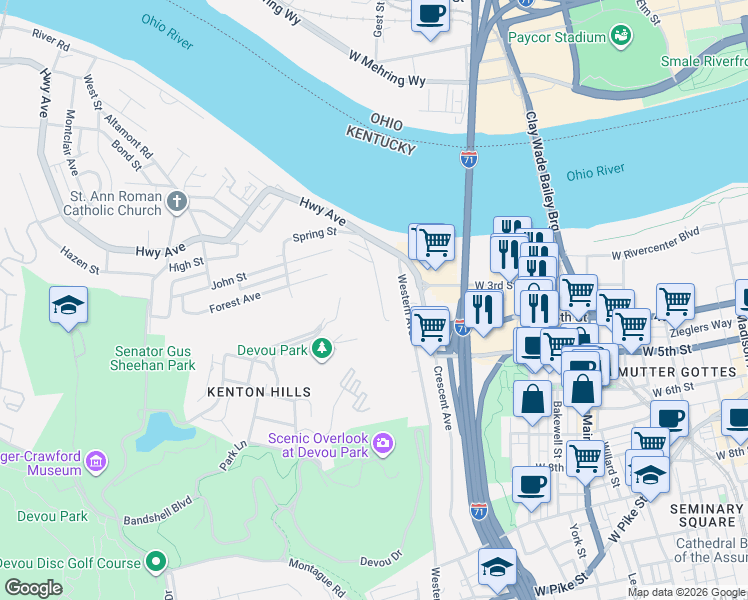 map of restaurants, bars, coffee shops, grocery stores, and more near 309 Wright St in Covington