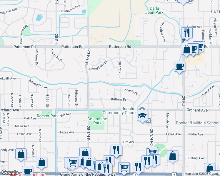 map of restaurants, bars, coffee shops, grocery stores, and more near 569 Garden Cress Court in Grand Junction