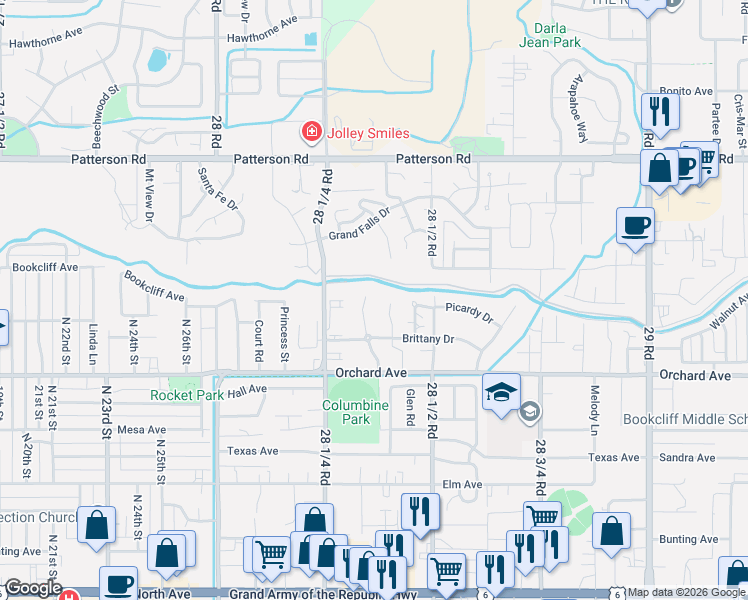 map of restaurants, bars, coffee shops, grocery stores, and more near 569 Garden Cress Court in Grand Junction