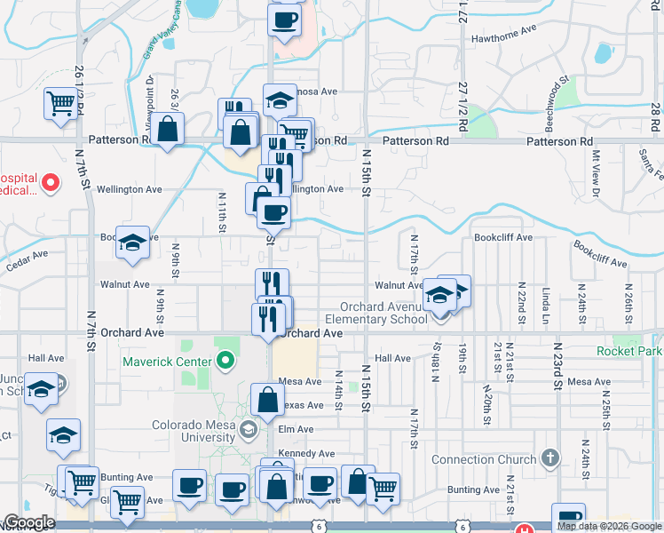 map of restaurants, bars, coffee shops, grocery stores, and more near 1341 Cedar Avenue in Grand Junction