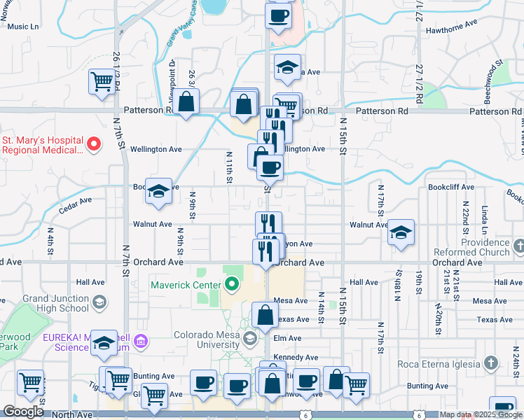 map of restaurants, bars, coffee shops, grocery stores, and more near 1204 Walnut Avenue in Grand Junction