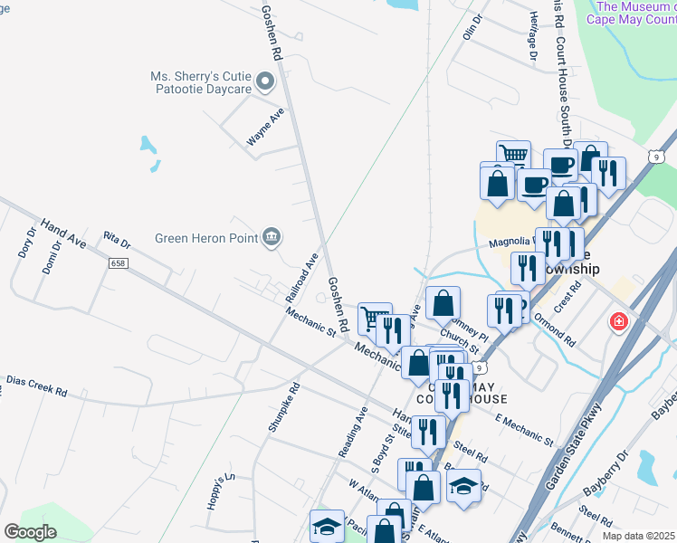map of restaurants, bars, coffee shops, grocery stores, and more near 14 Goshen Road in Middle Township