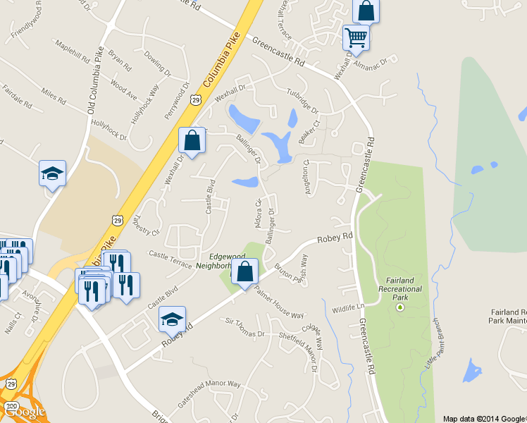 map of restaurants, bars, coffee shops, grocery stores, and more near 14137 Aldora Circle in Burtonsville